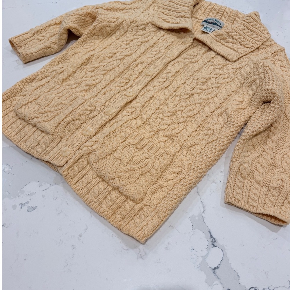Aran Crafts Ireland Merino Wool Cable Knit Cardigan Sweater Yellow Womens Medium